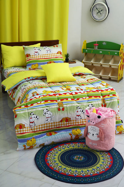 5 PCs Single Comforter Set-Puppies Party(With Yellow Reverse)