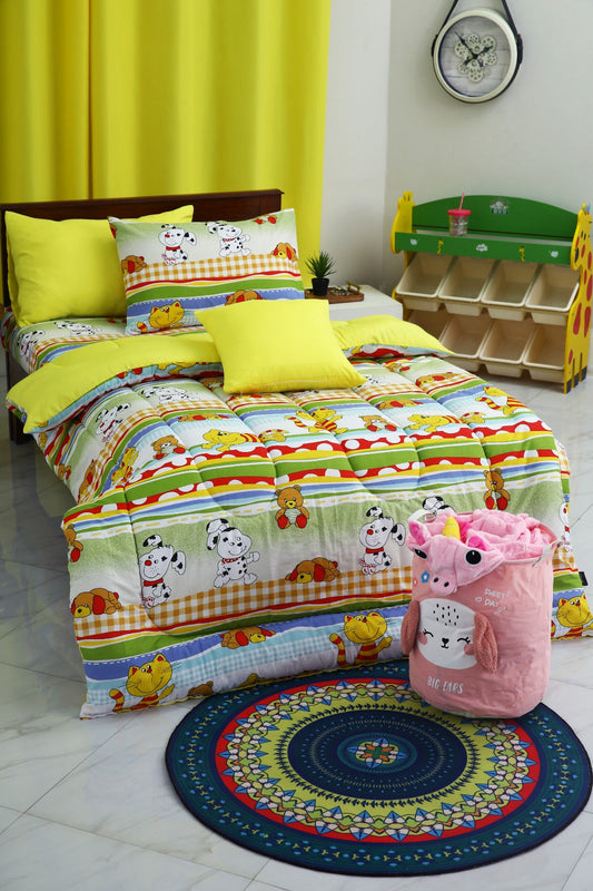 5 PCs Single Comforter Set-Puppies Party(With Yellow Reverse)