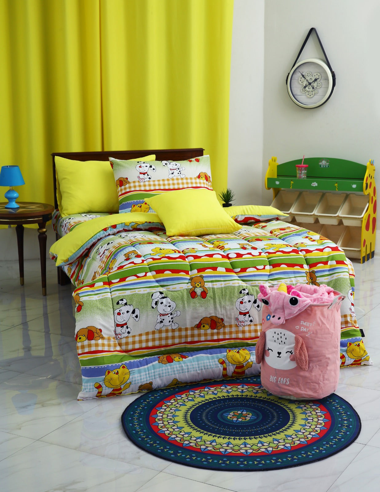5 PCs Single Comforter Set-Puppies Party(With Yellow Reverse)