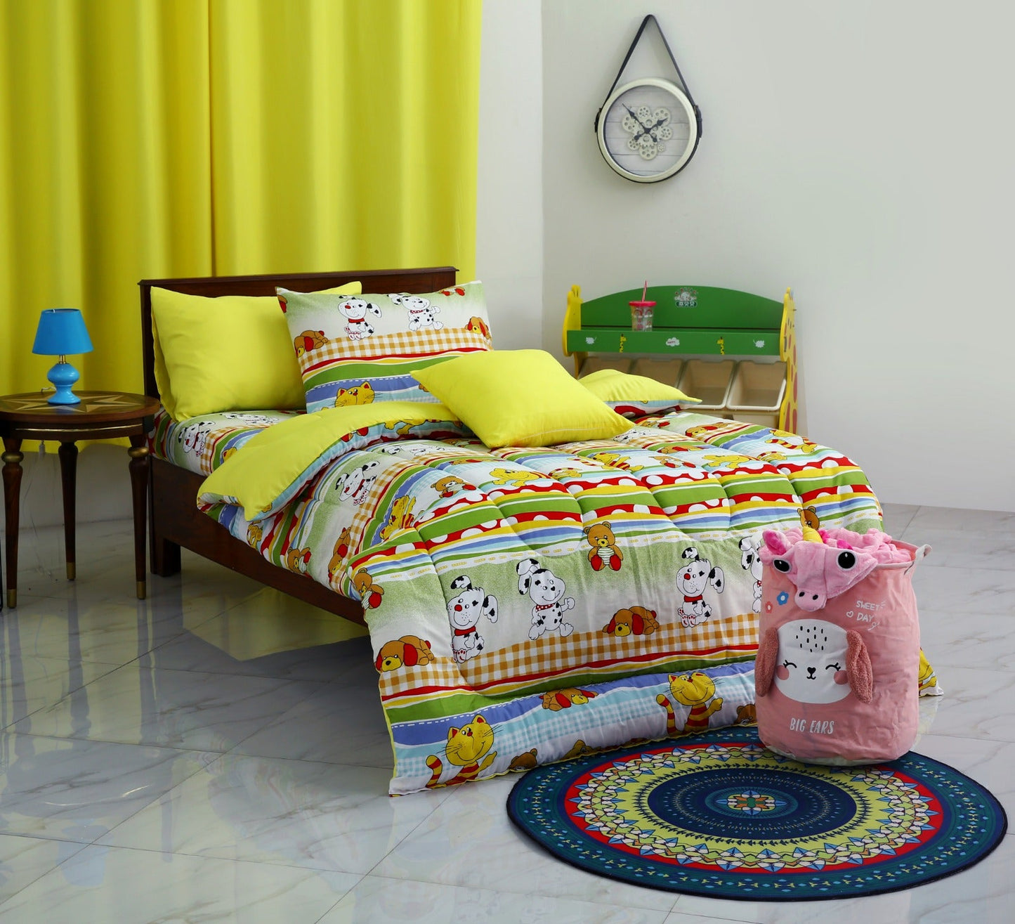5 PCs Single Comforter Set-Puppies Party(With Yellow Reverse)