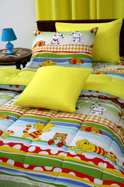 5 PCs Single Comforter Set-Puppies Party(With Yellow Reverse)