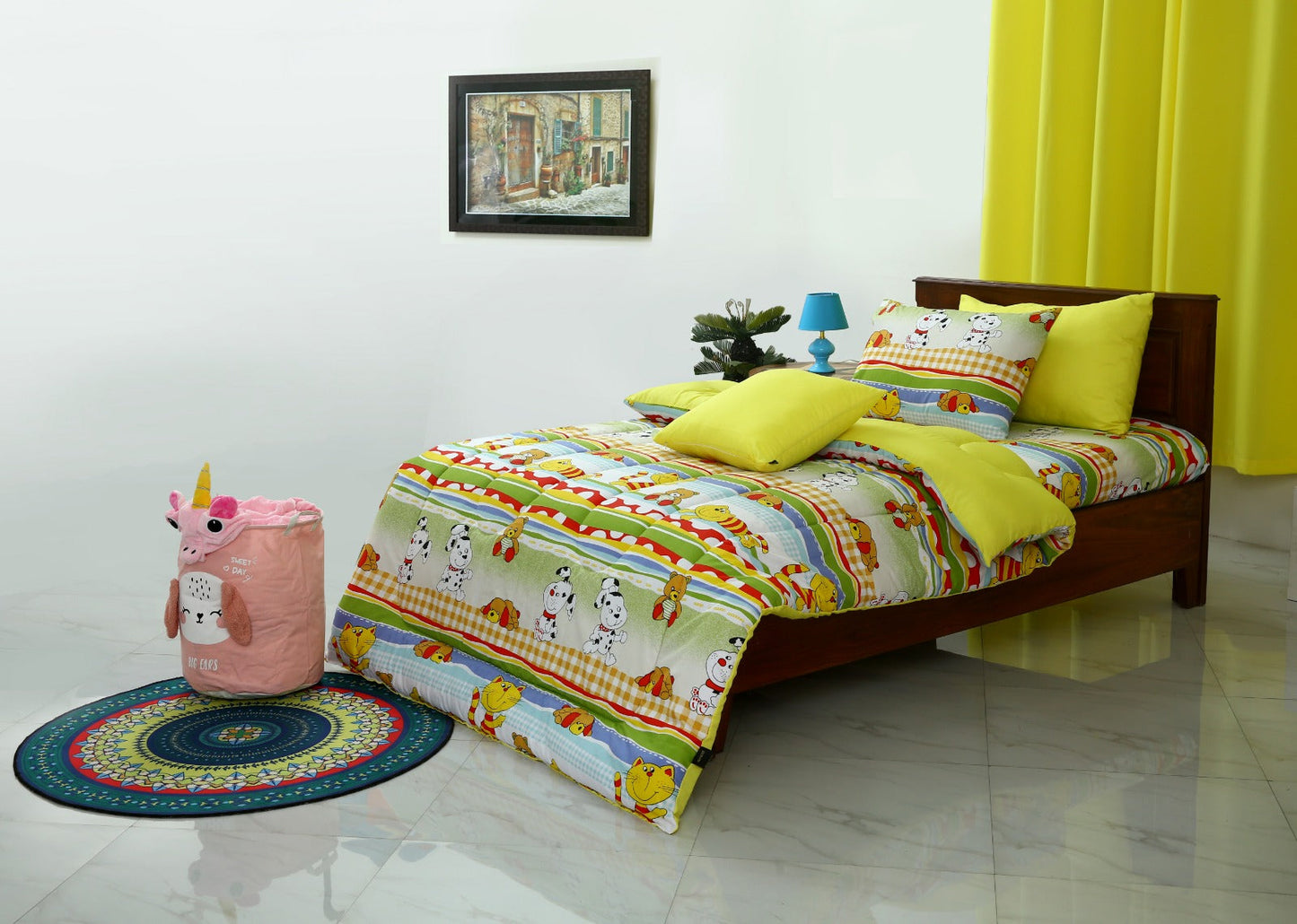 5 PCs Single Comforter Set-Puppies Party(With Yellow Reverse)