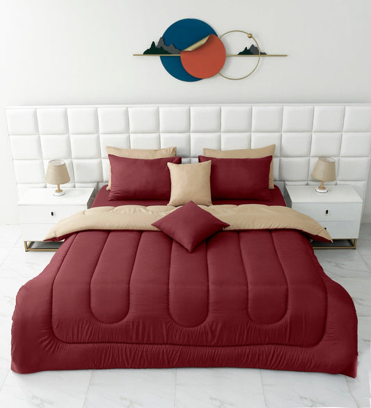 8 PCs Winter Razai Set-Maroon Over Beige Comforters Apricot