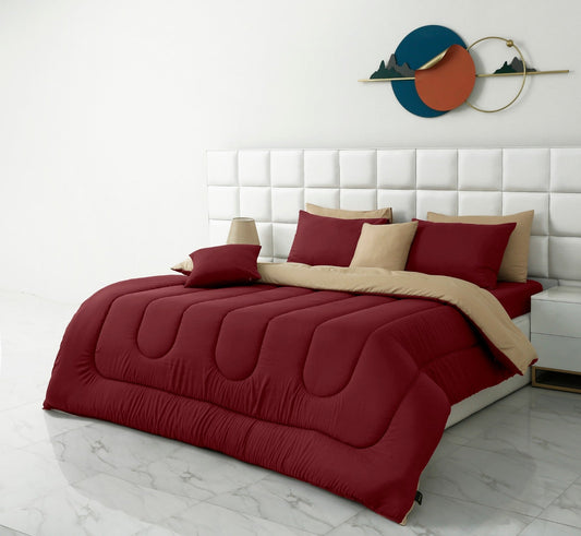 8 PCs Winter Razai Set-Maroon Over Beige Comforters Apricot