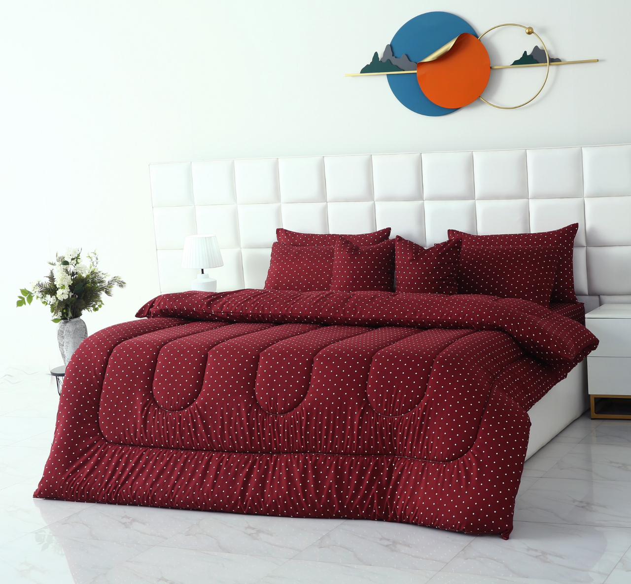 8 PCs Winter Razai Set-Plum Polka Comforters Apricot