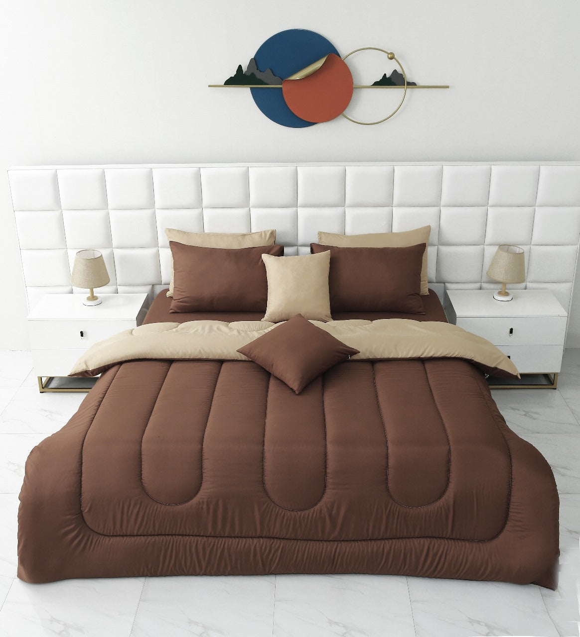 8 PCs Winter Razai Set-Brown Over Beige Comforters Apricot