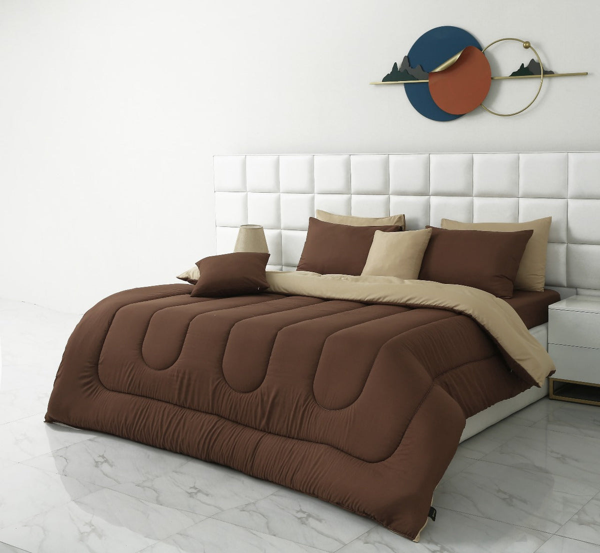 8 PCs Winter Razai Set-Brown Over Beige Comforters Apricot
