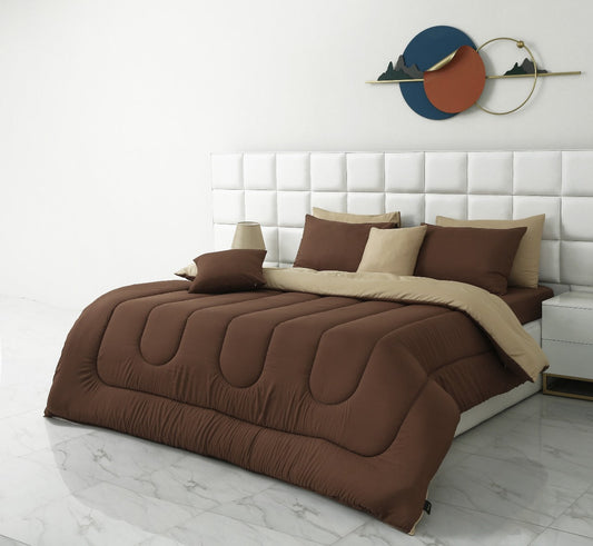 8 PCs Winter Razai Set-Brown Over Beige Comforters Apricot