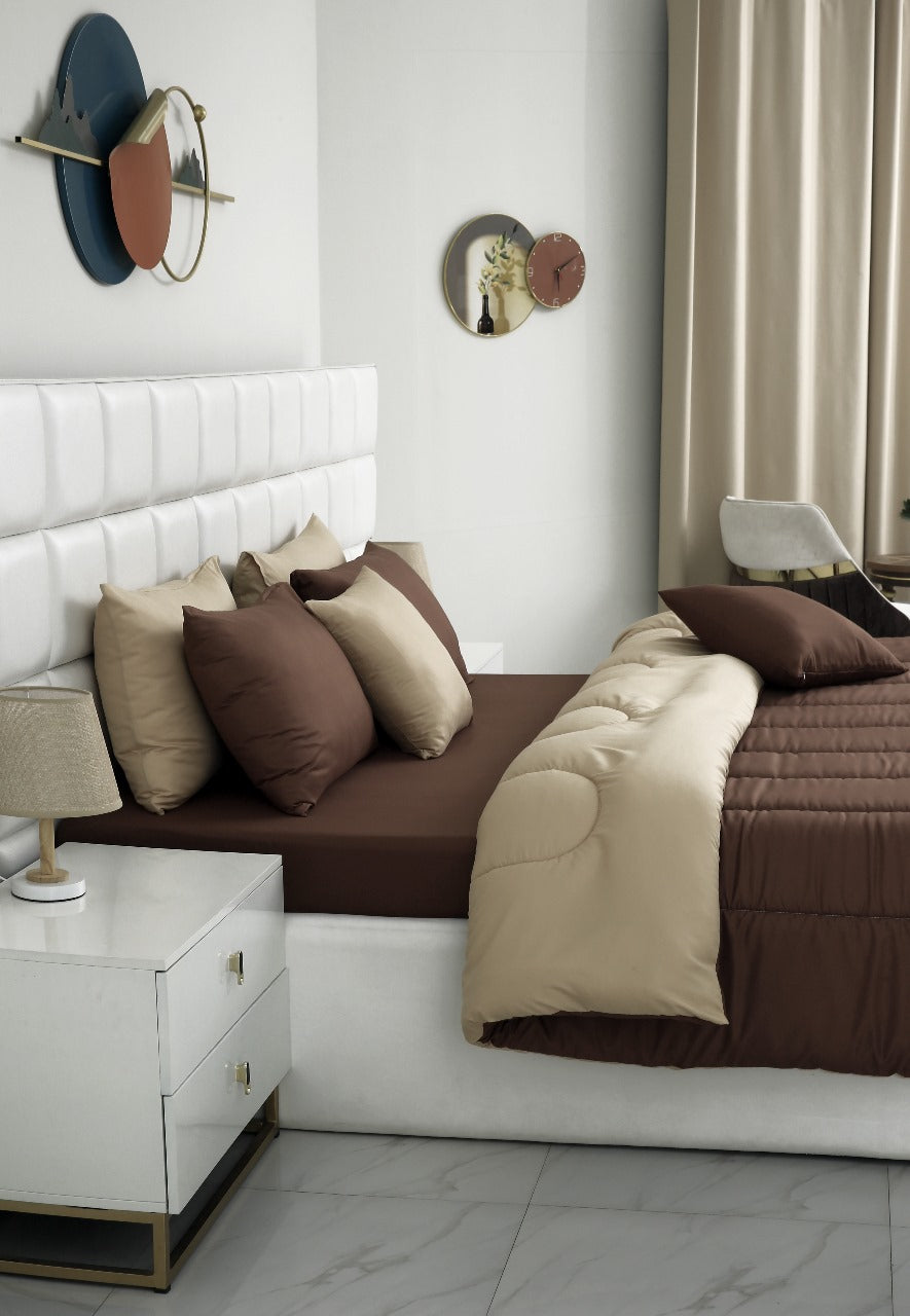 8 PCs Winter Razai Set-Brown Over Beige Comforters Apricot
