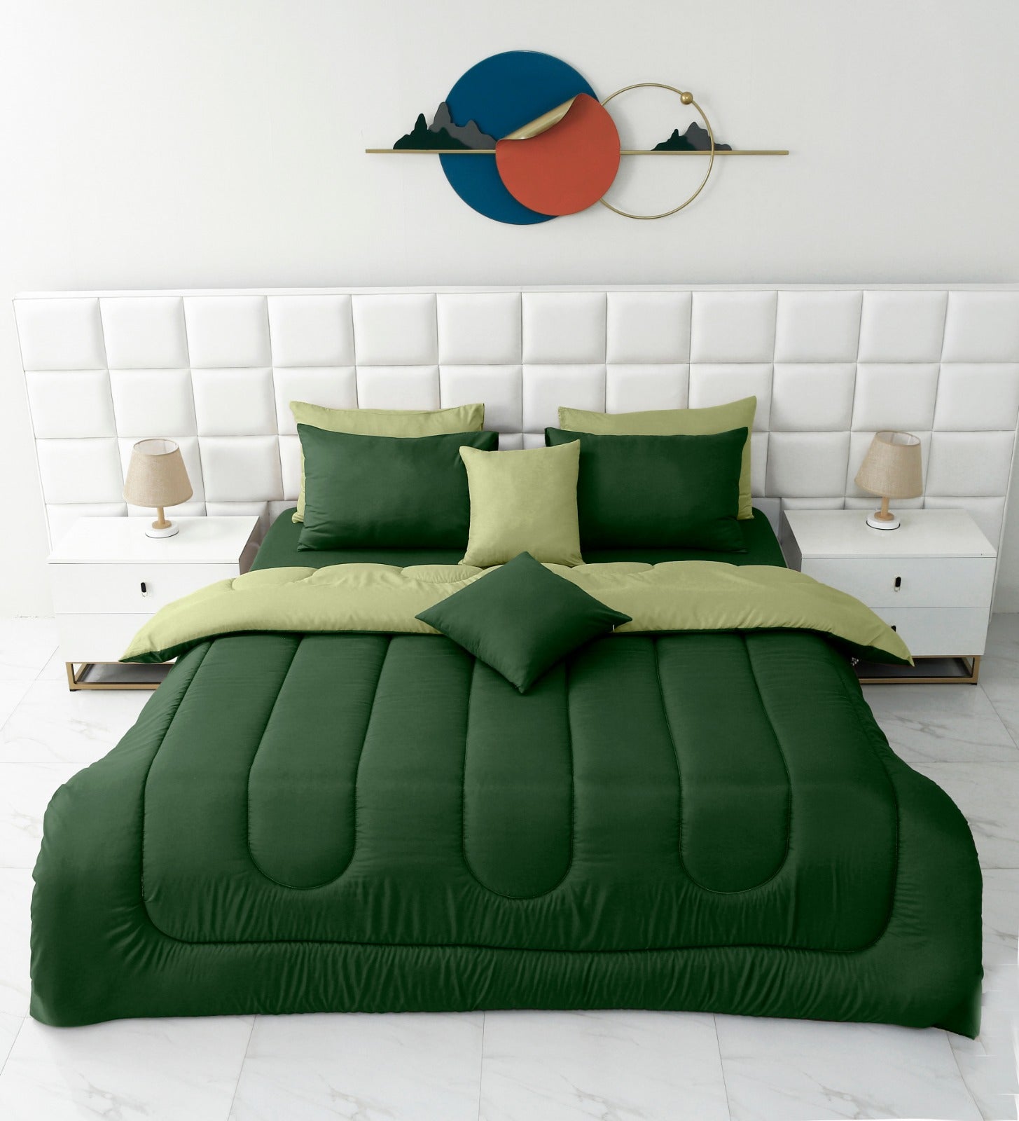 8 PCs Winter Razai Set-Olive Over Sage Green Comforters Apricot