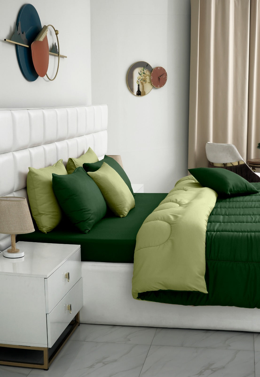 8 PCs Winter Razai Set-Olive Over Sage Green Comforters Apricot