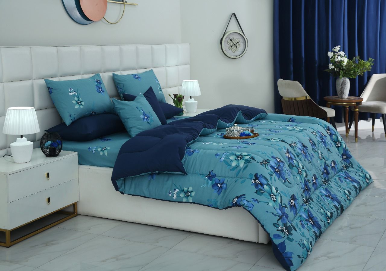 8 PCs Winter Razai Set-Azure Bloom Comforters Apricot