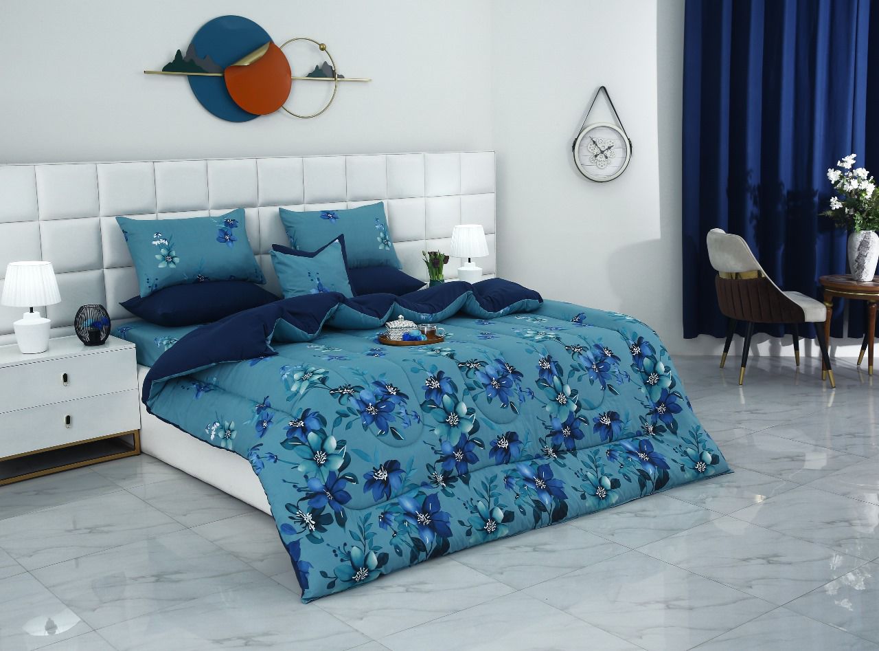 8 PCs Winter Razai Set-Azure Bloom Comforters Apricot