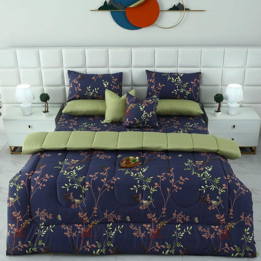 8 PCs Winter Razai Set-Retro Leaf Comforters Apricot