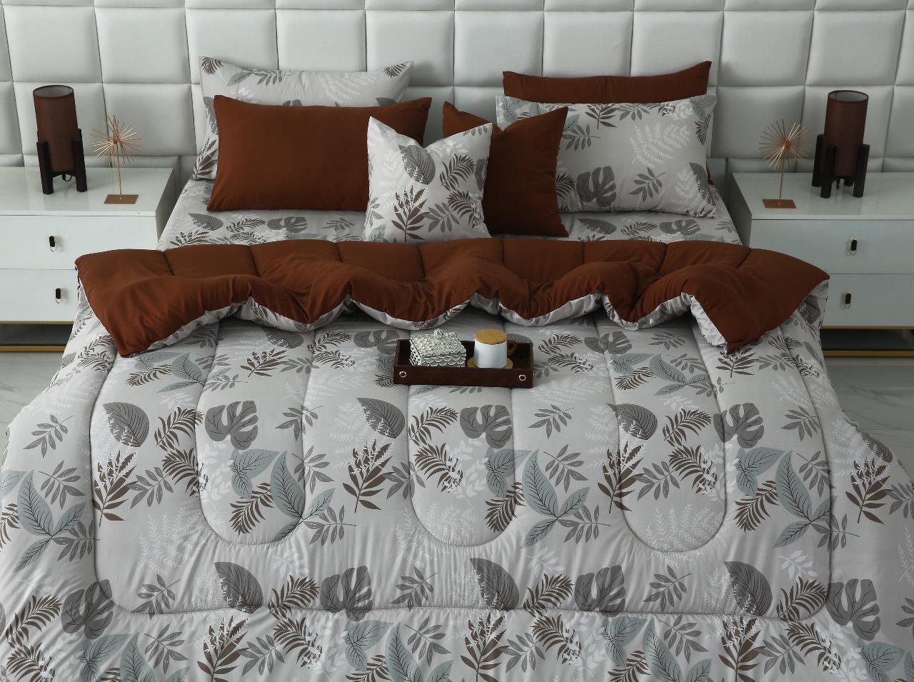 8 PCs Winter Razai Set-Leaf Style(With Brown Reverse) Comforters Apricot