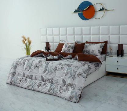 8 PCs Winter Razai Set-Leaf Style(With Brown Reverse) Comforters Apricot