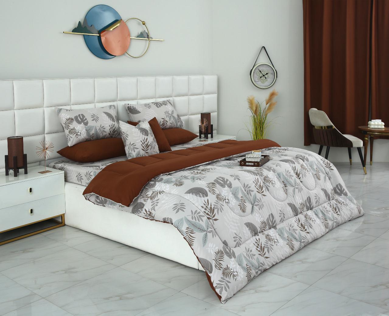 8 PCs Winter Razai Set-Leaf Style(With Brown Reverse) Comforters Apricot