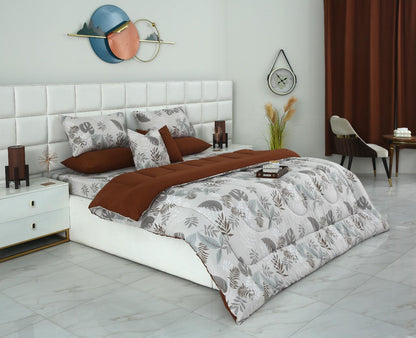 8 PCs Winter Razai Set-Leaf Style(With Brown Reverse) Comforters Apricot