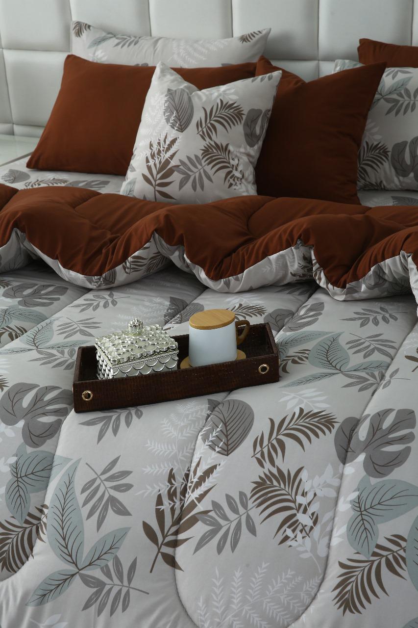 8 PCs Winter Razai Set-Leaf Style(With Brown Reverse) Comforters Apricot