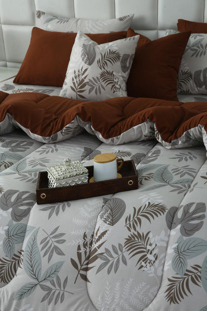 8 PCs Winter Razai Set-Leaf Style(With Brown Reverse) Comforters Apricot