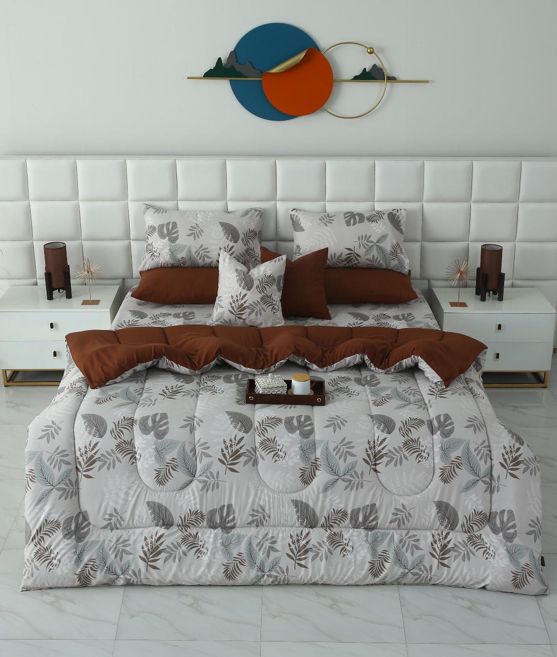 8 PCs Winter Razai Set-Leaf Style(With Brown Reverse) Comforters Apricot