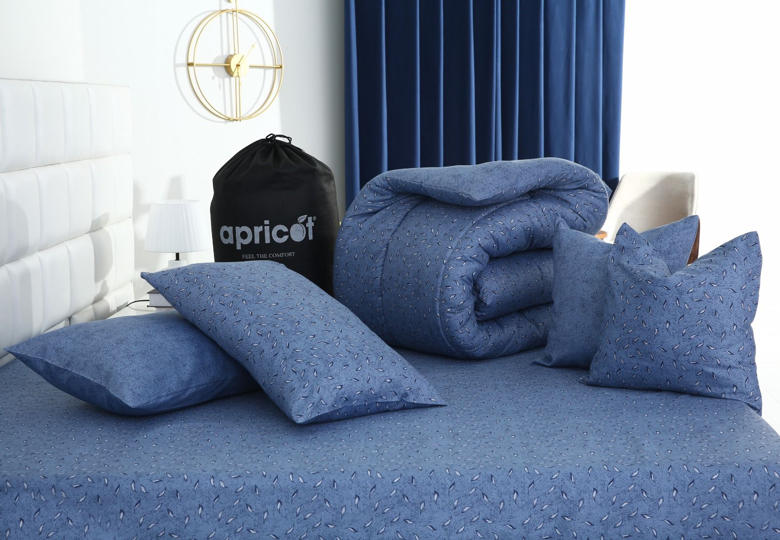 8 PCs Winter Razai Set-Raincloud Blue Feathers Comforters Apricot