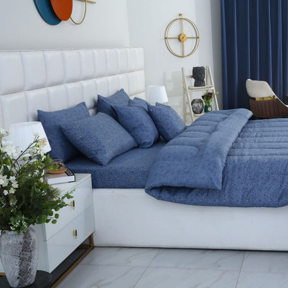 8 PCs Winter Razai Set-Raincloud Blue Feathers Comforters Apricot