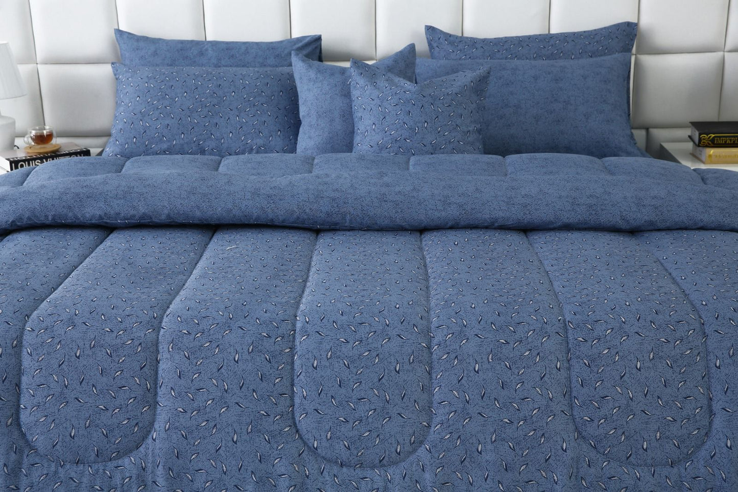 8 PCs Winter Razai Set-Raincloud Blue Feathers Comforters Apricot