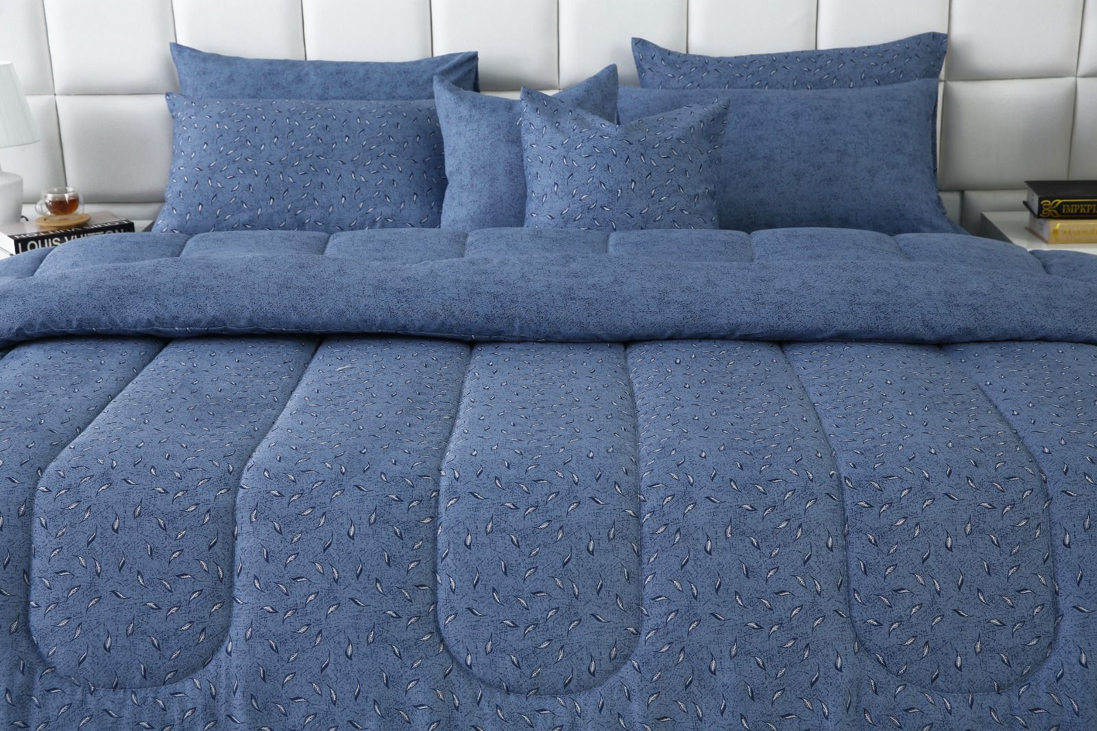 8 PCs Winter Razai Set-Raincloud Blue Feathers Comforters Apricot