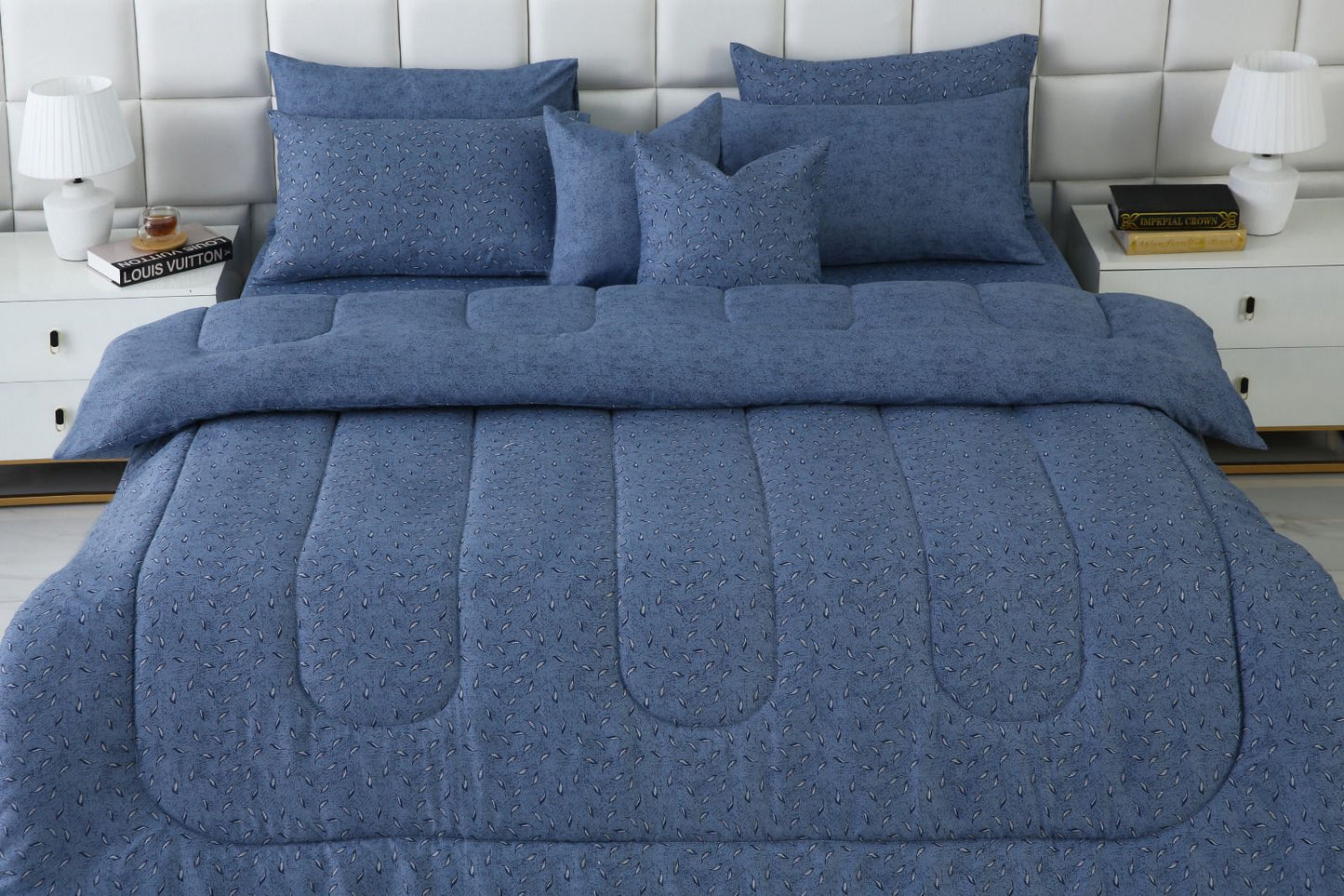 8 PCs Winter Razai Set-Raincloud Blue Feathers Comforters Apricot