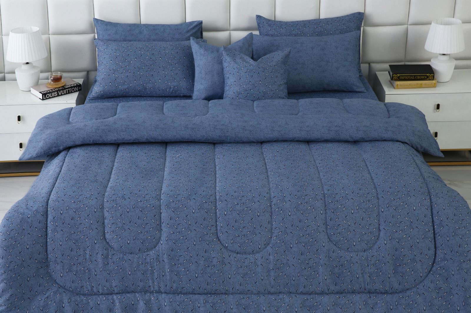 8 PCs Winter Razai Set-Raincloud Blue Feathers Comforters Apricot