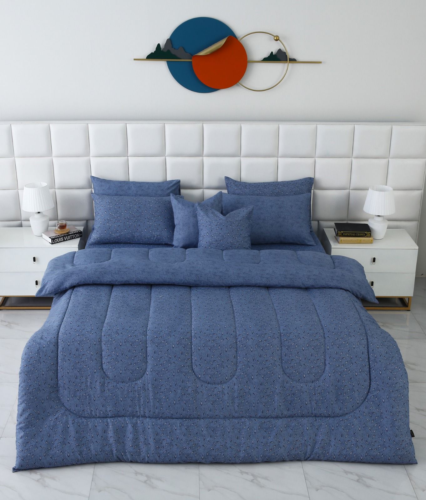 8 PCs Winter Razai Set-Raincloud Blue Feathers Comforters Apricot