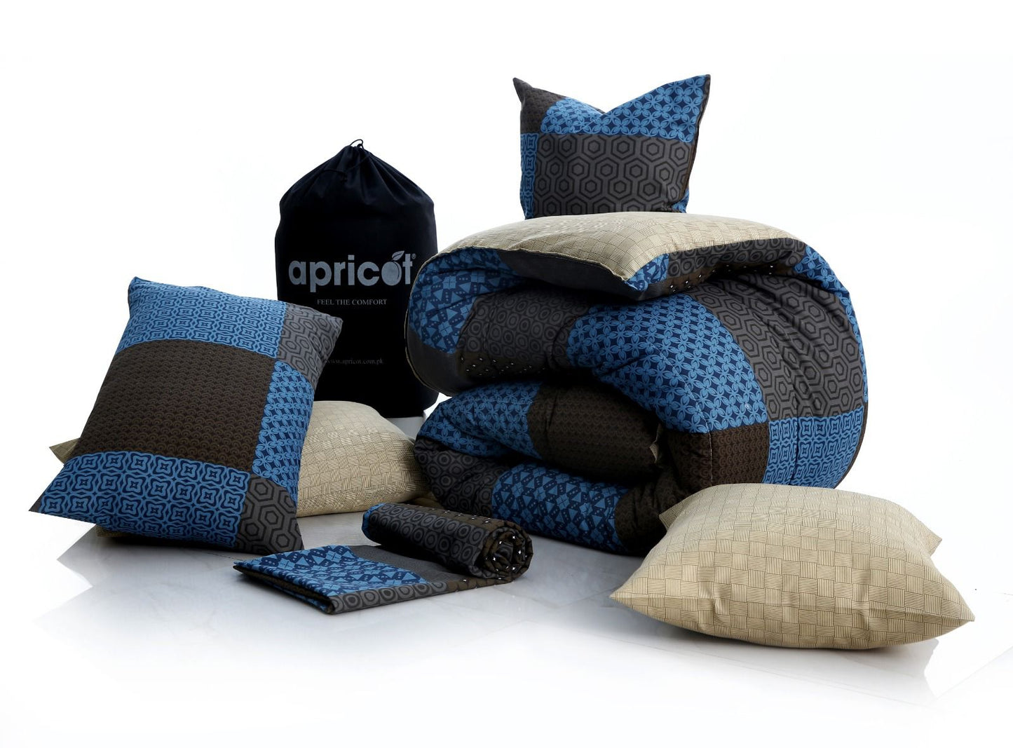 8 PCs Winter Razai Set-Indigo Patchwork Comforters Apricot