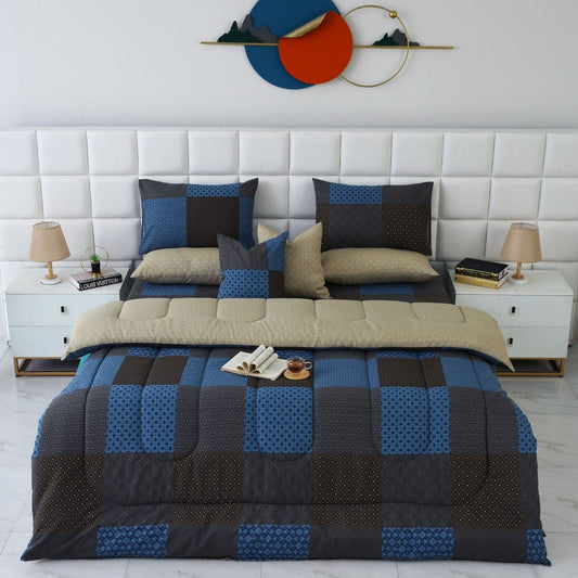8 PCs Winter Razai Set-Indigo Patchwork Comforters Apricot