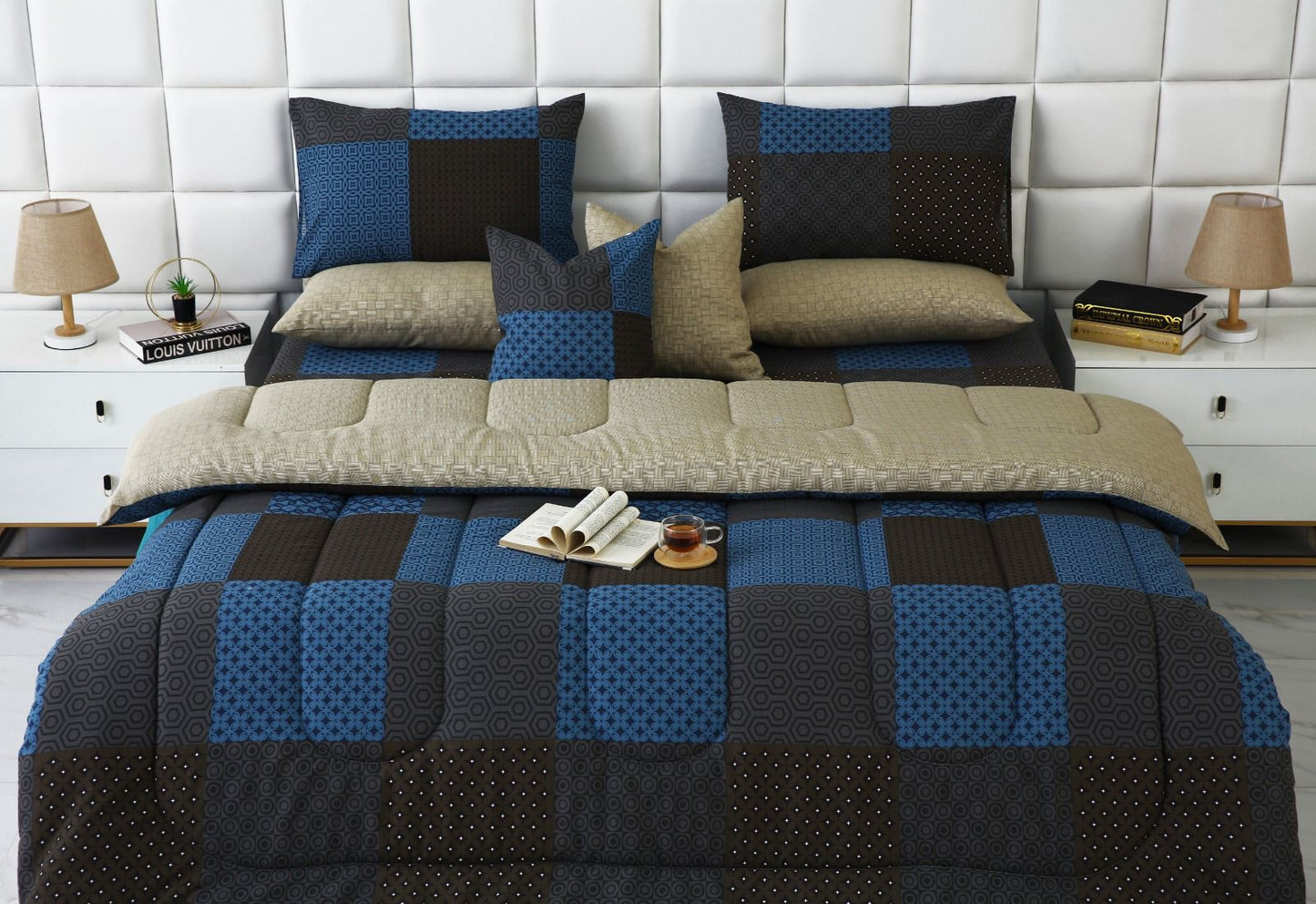 8 PCs Winter Razai Set-Indigo Patchwork Comforters Apricot
