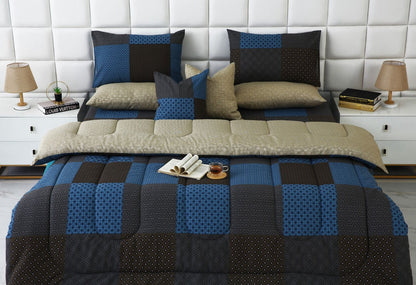 8 PCs Winter Razai Set-Indigo Patchwork Comforters Apricot