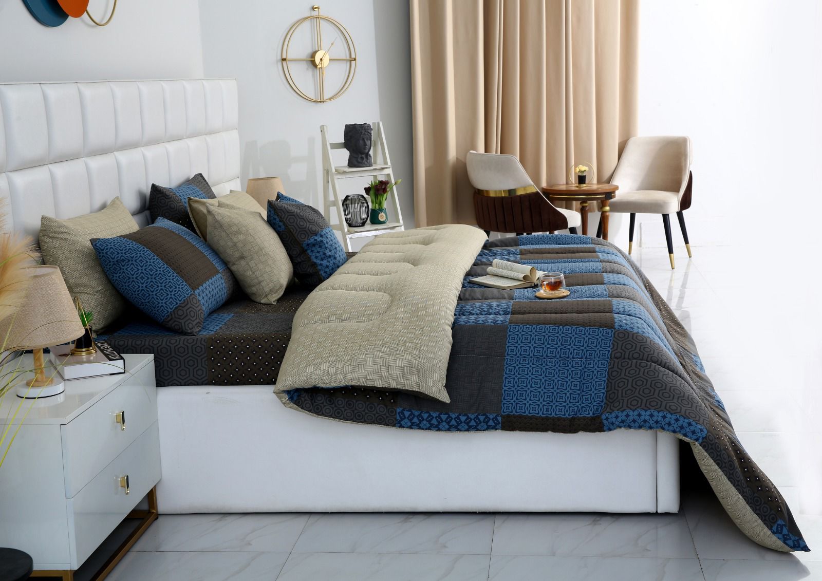 8 PCs Winter Razai Set-Indigo Patchwork Comforters Apricot