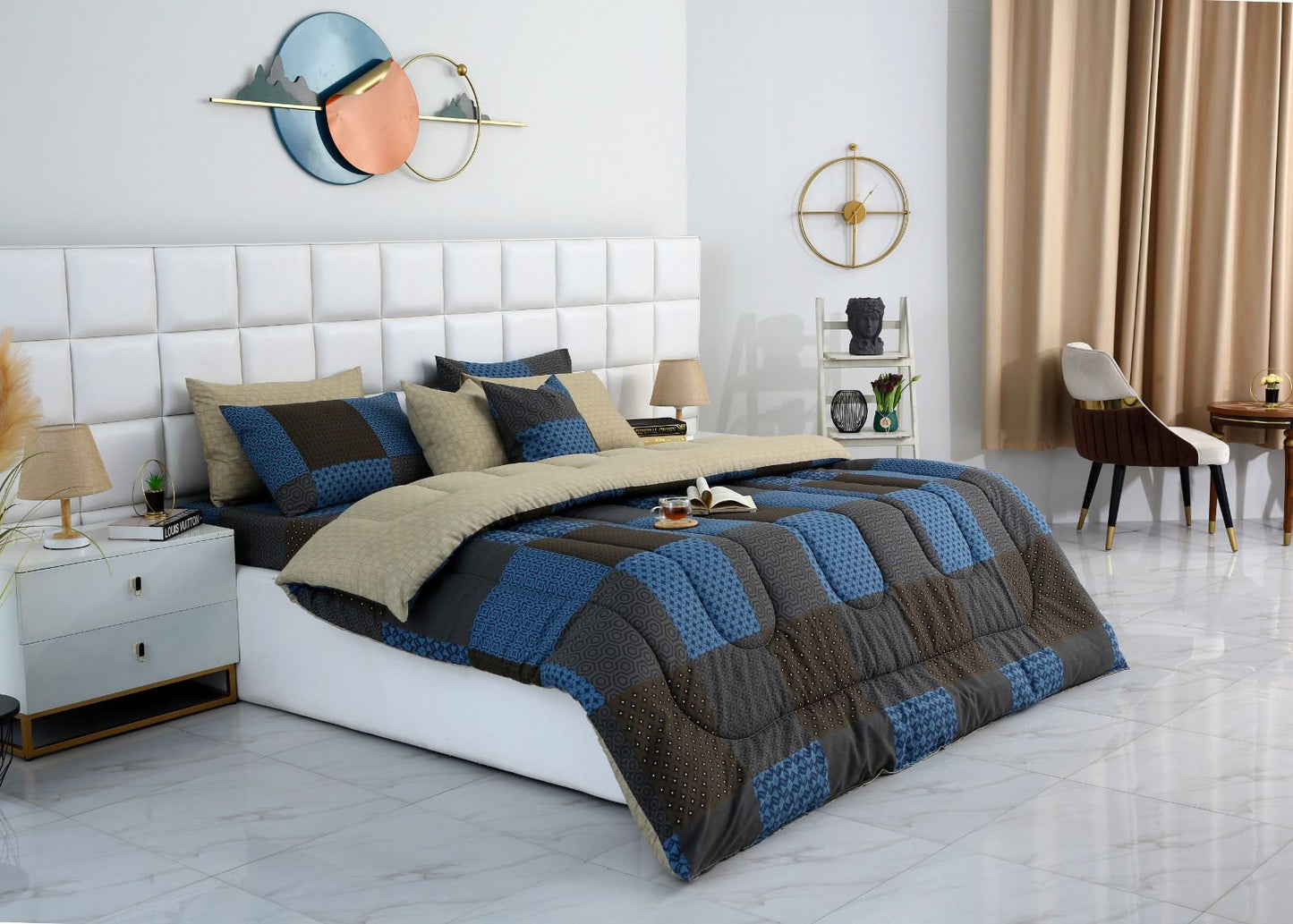 8 PCs Winter Razai Set-Indigo Patchwork Comforters Apricot