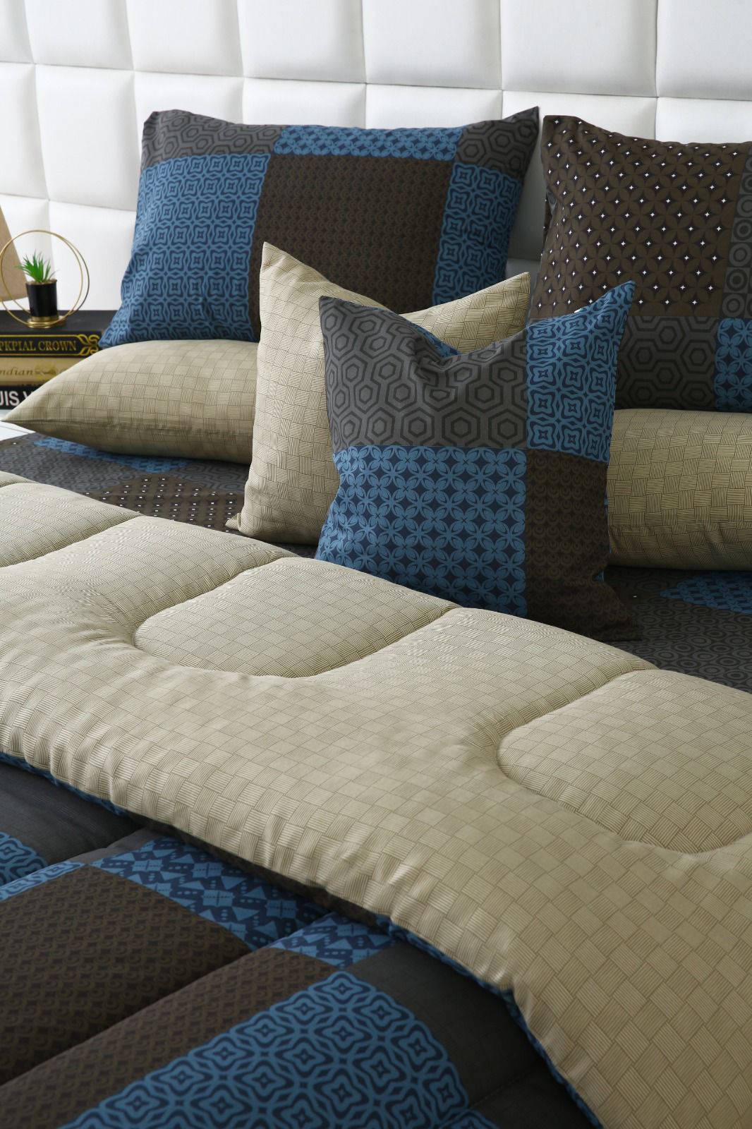 8 PCs Winter Razai Set-Indigo Patchwork Comforters Apricot