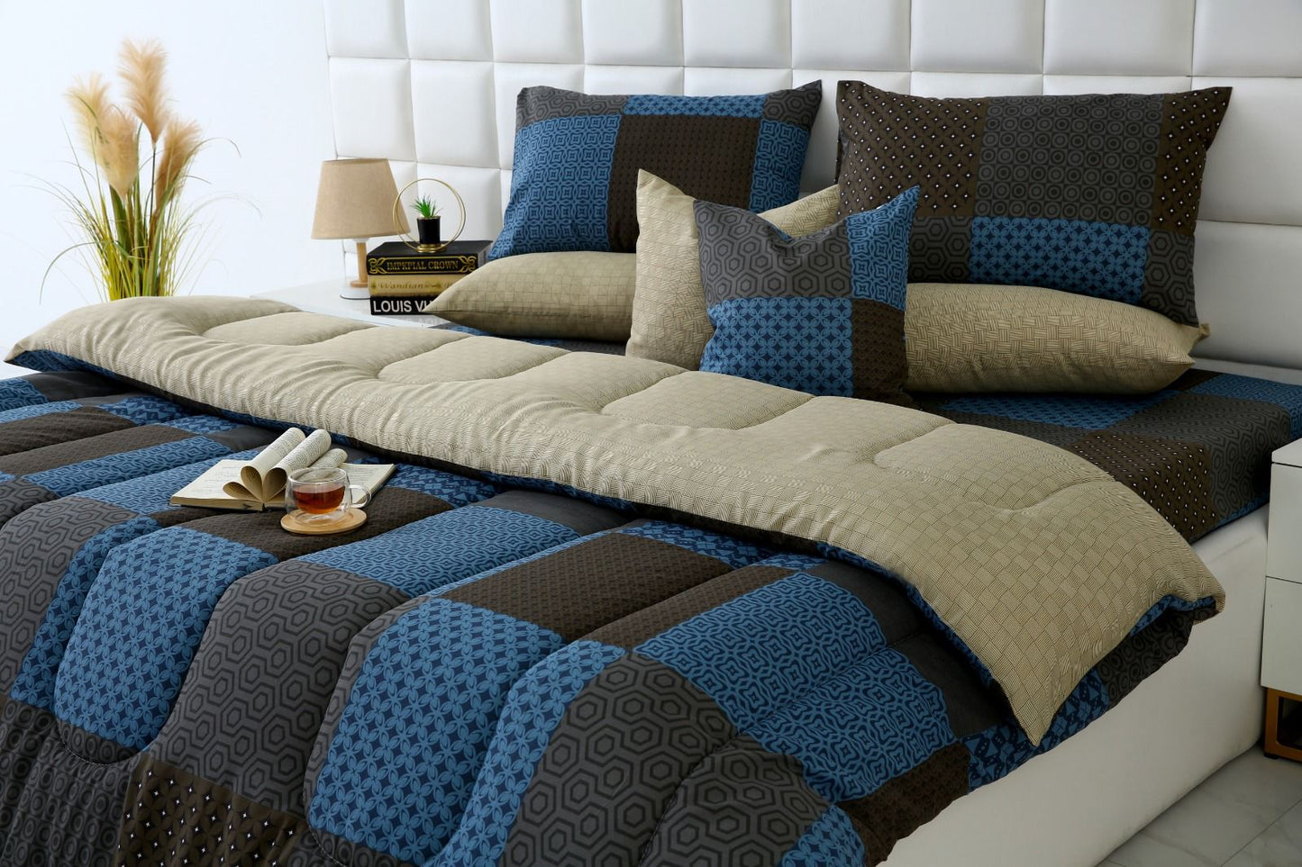 8 PCs Winter Razai Set-Indigo Patchwork Comforters Apricot