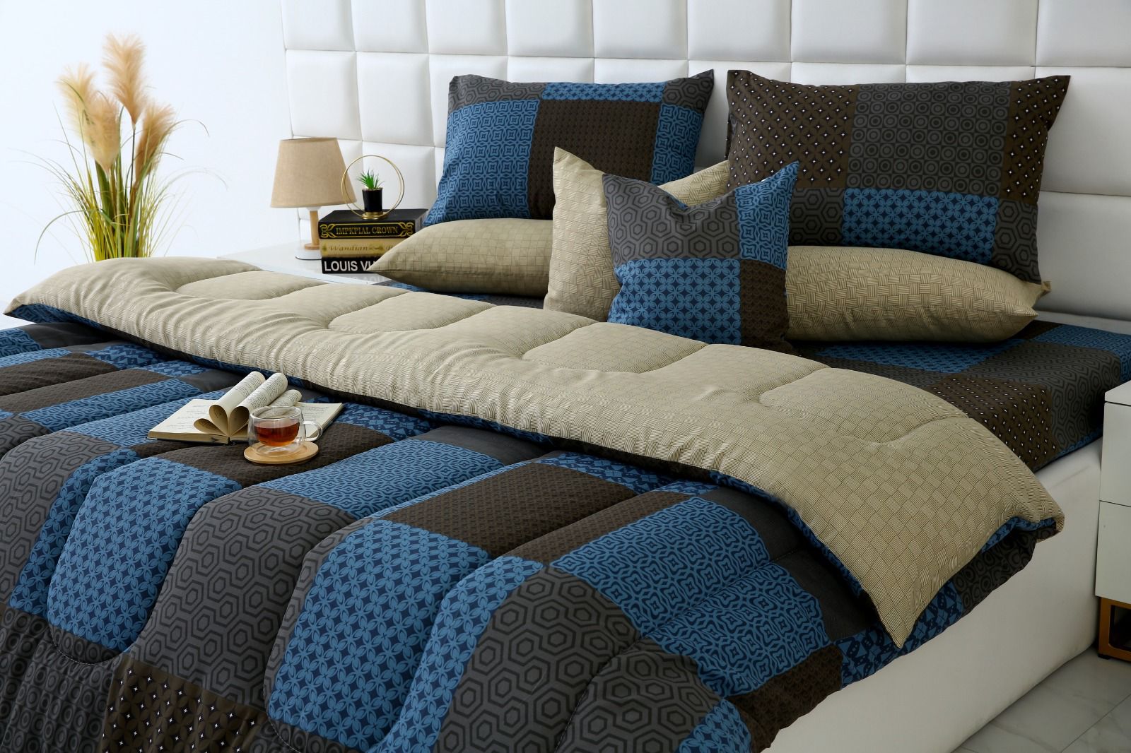 8 PCs Winter Razai Set-Indigo Patchwork Comforters Apricot