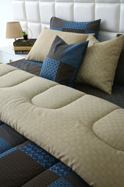 8 PCs Winter Razai Set-Indigo Patchwork Comforters Apricot