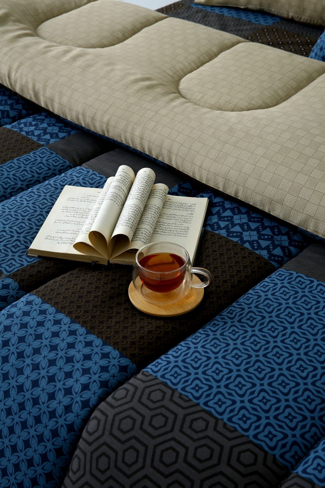 8 PCs Winter Razai Set-Indigo Patchwork Comforters Apricot