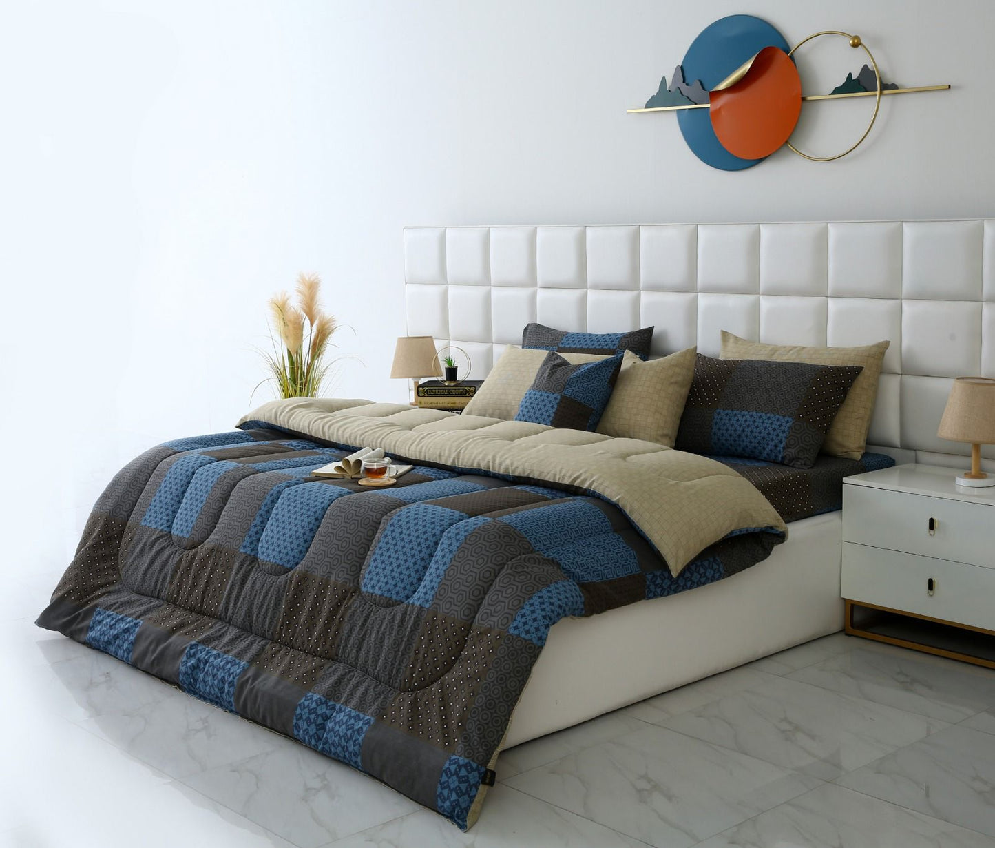 8 PCs Winter Razai Set-Indigo Patchwork Comforters Apricot
