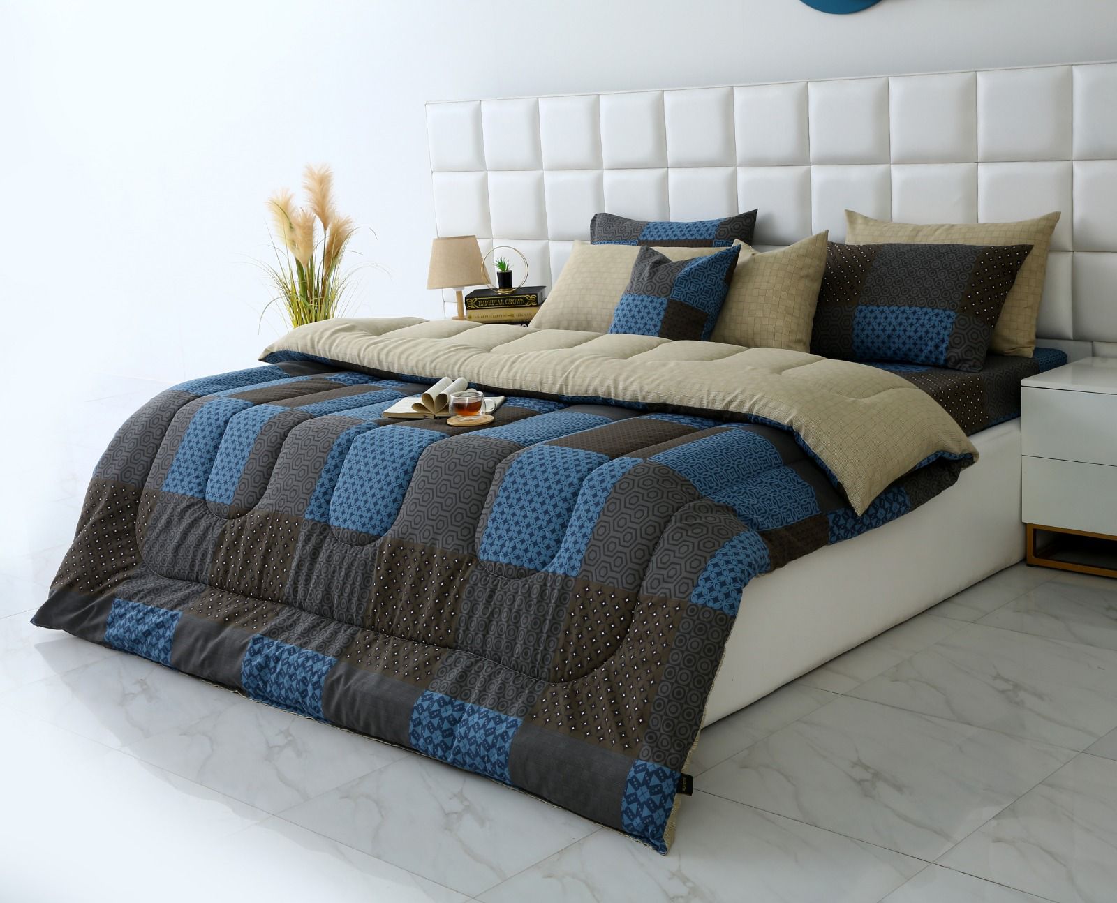 8 PCs Winter Razai Set-Indigo Patchwork Comforters Apricot