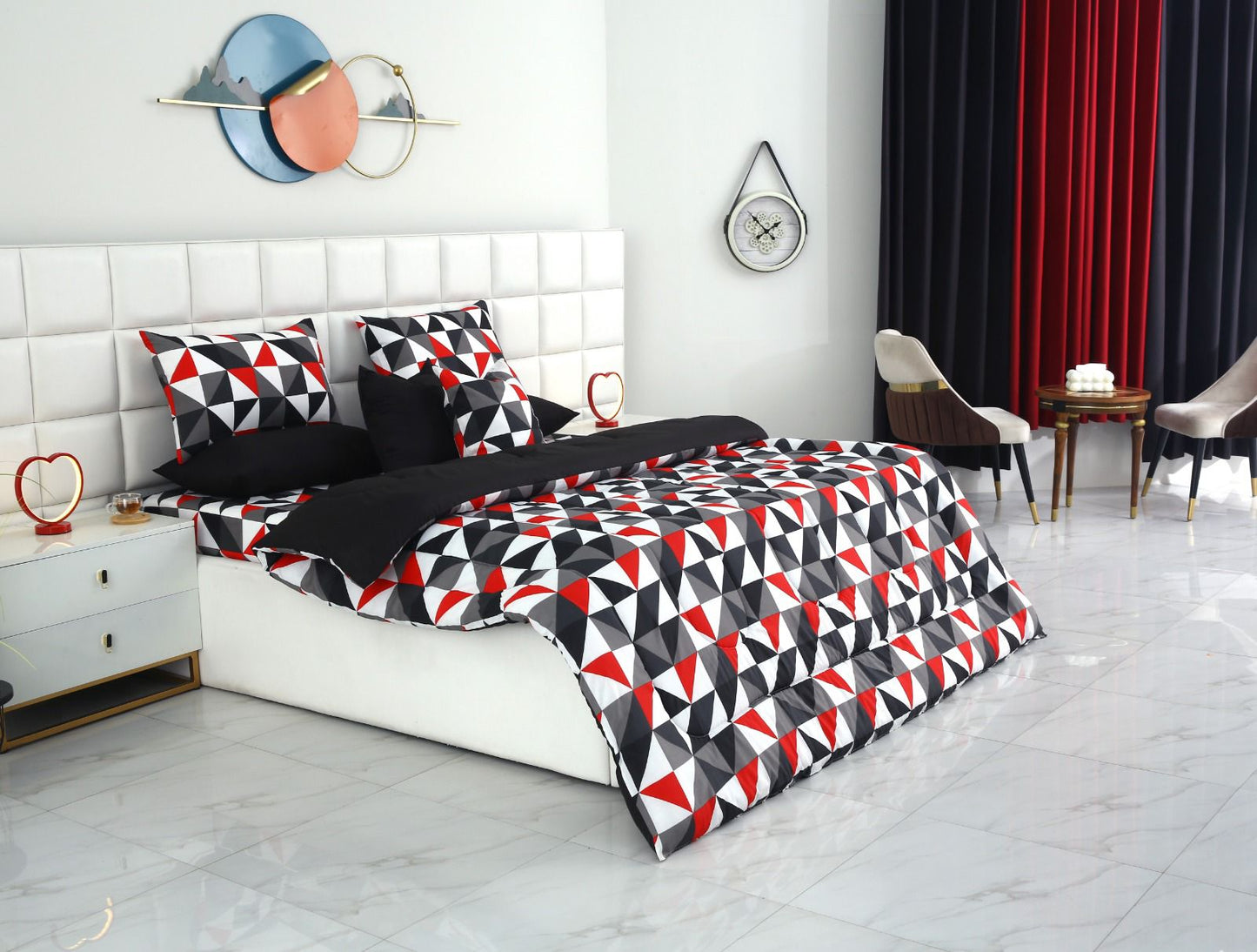 8 PCs Winter Razai Set-Abstract Geometric(With Black Reverse) Comforters Apricot