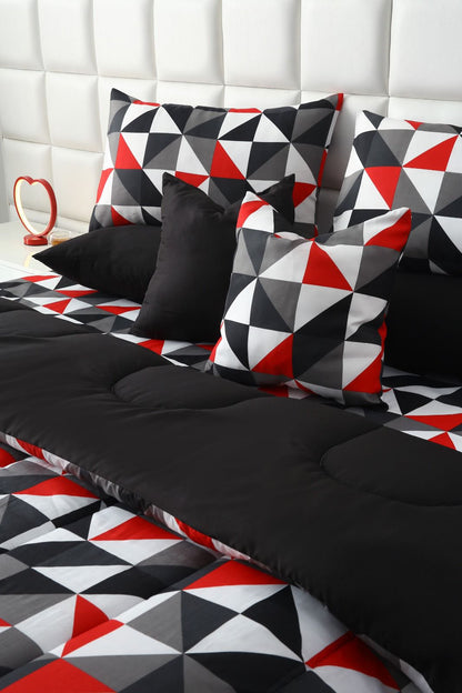 8 PCs Winter Razai Set-Abstract Geometric(With Black Reverse) Comforters Apricot