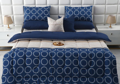 8 PCs Winter Razai Set-Starry Nights(With Blue Reverse) Comforters Apricot