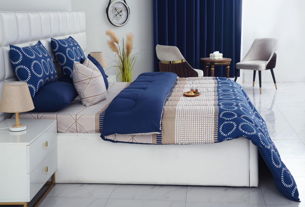 8 PCs Winter Razai Set-Starry Nights(With Blue Reverse) Comforters Apricot