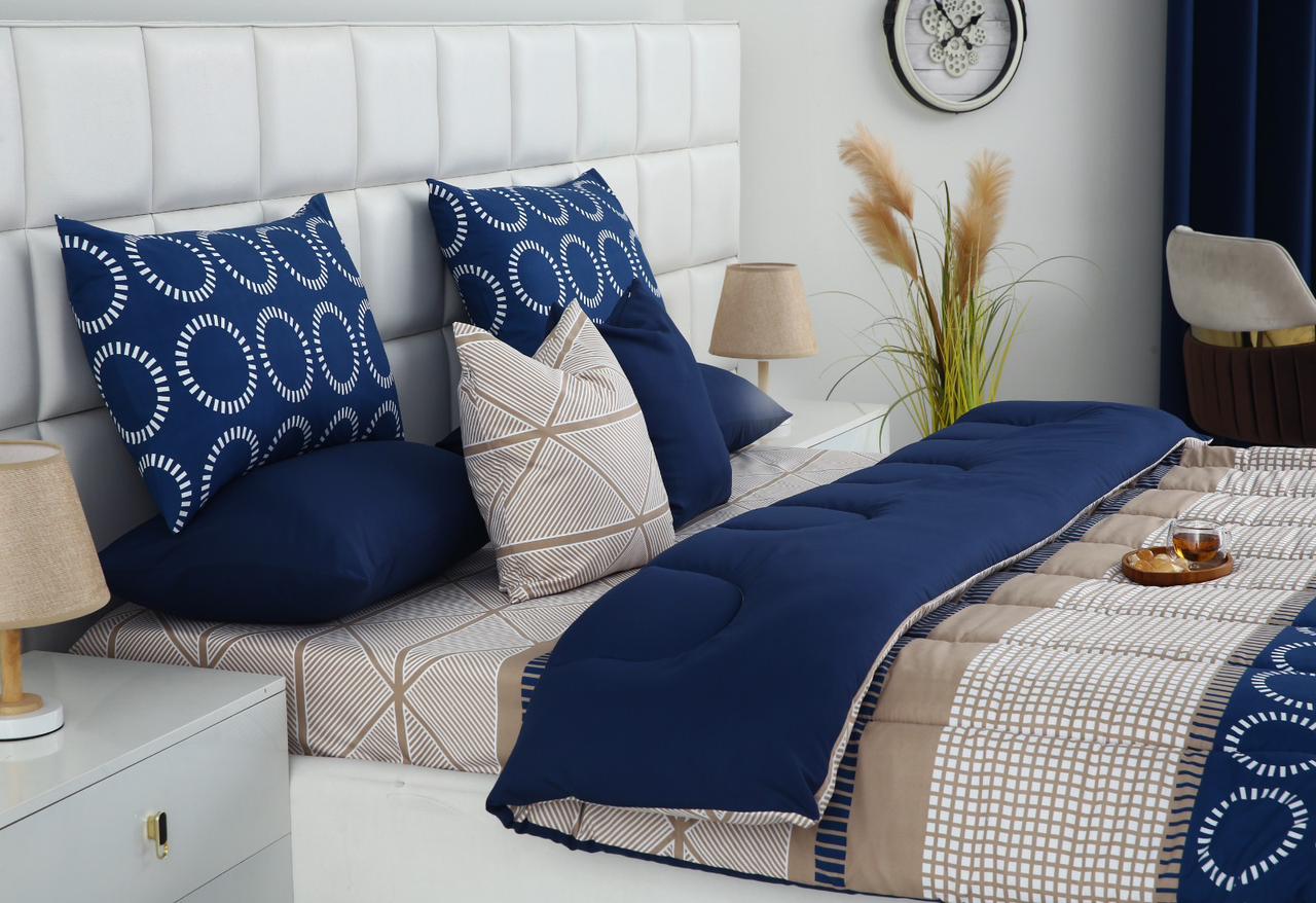 8 PCs Winter Razai Set-Starry Nights(With Blue Reverse) Comforters Apricot